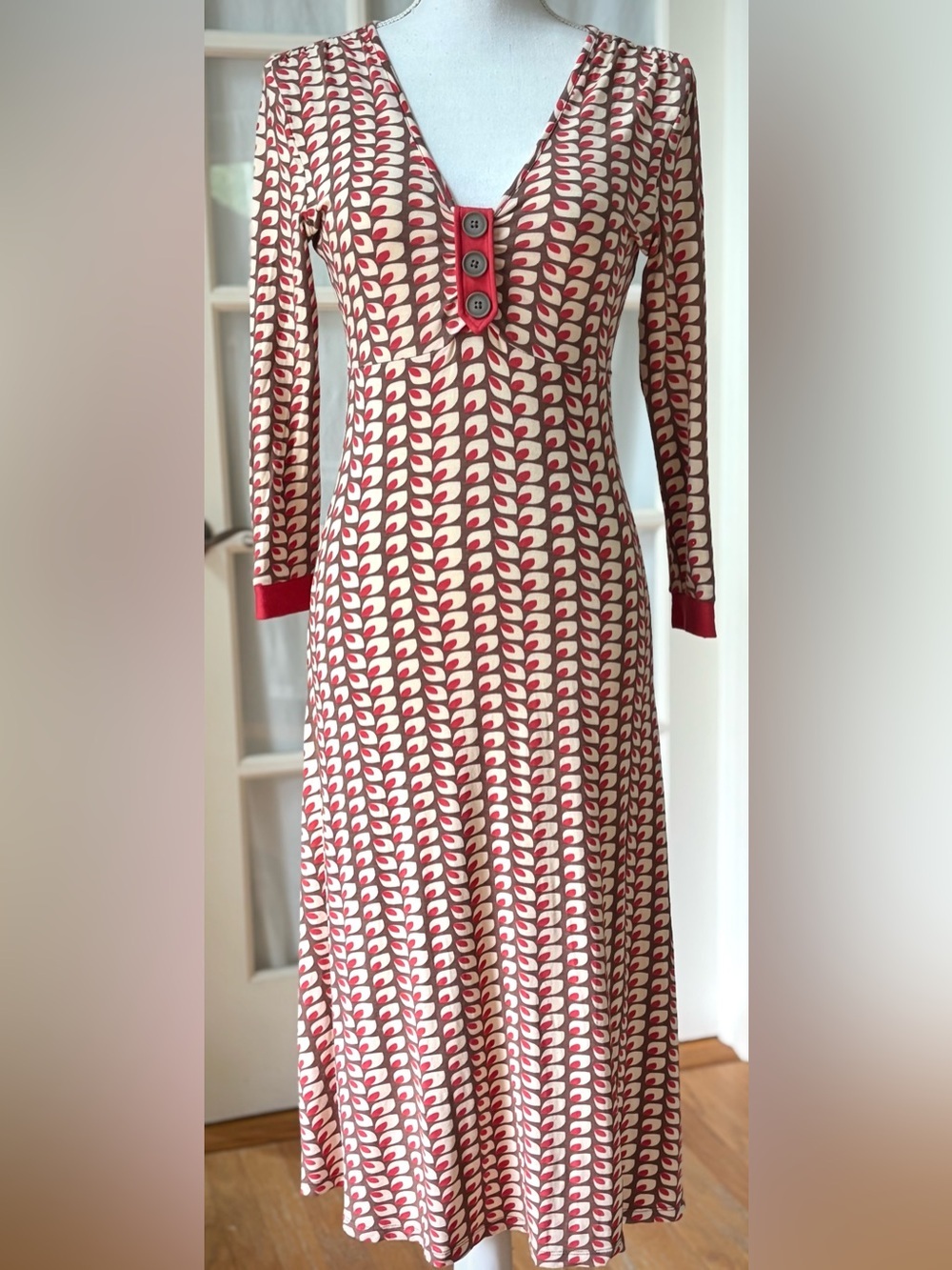 Boden Geometric Print Jersey Midi Dress Size 8R V Neck Fit & Flare Retro Mod
